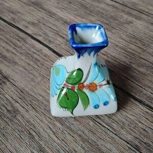 Tonala Pottery Bud Vase, Mexico Signed Reyna, Floral Blue Mexican Folk Art 4"